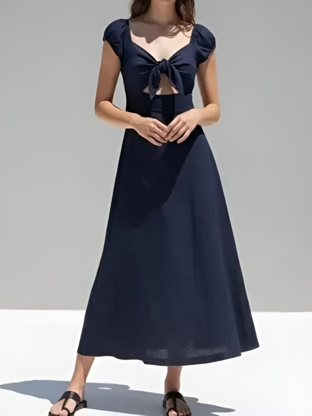 Skylar + Madison Linen Maxi Dress Puff Sleeves Cutout Navy M NWT